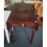 19th century mahogany Pembroke table with single drawer, raised on turned supports to brass caps and