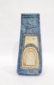 Troika pottery coffin vase of tapered rectangular form with incised decoration, enriched in blue,
