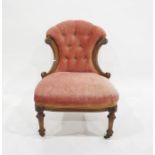Mahogany and inlaid bedroom chair with pink buttonback upholstery, on turned front supports, to
