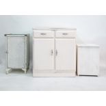 White painted kitchen cupboard with melamine top above two drawers, two cupboard doors, plinth base,