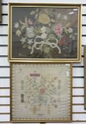 Needle point tapestry named for Hannah Kent, dated 1777, decorated with a ribbon tied bouquet of