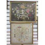 Needle point tapestry named for Hannah Kent, dated 1777, decorated with a ribbon tied bouquet of