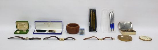 3 watches, including a Yeoman wrist watch.  A set of Waterman pens, travel tokens, box of old