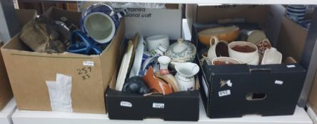 Three boxes of ceramics including teacups, bud vases, etc