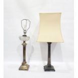 Two silver plated lamp bases formed as a Corinthium column and an ionic column, on stepped bases,