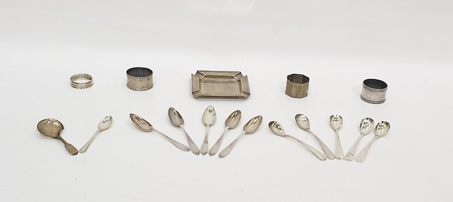 Square silver ashtray, four napkin rings, caddy spoon, five grapefruit spoons, five salt spoons