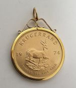 1974 gold Krugerrand in pendant mount with scroll surmount  Condition ReportThe weight is approx