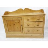 Pine dresser with three quarter gallery top, cupboard door to the left and three drawers to the