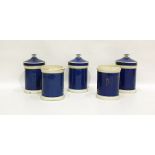 Five Staffordshire pottery blue ground storage jars and three covers, variously inscribed in gilt