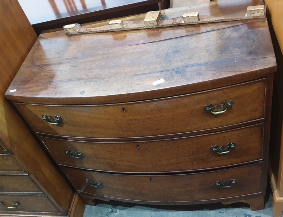 19th century bow fronted chest of three long drawers to bracket feet 91 x 84 cms