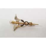 Carlo and Arthur Giuliano gold-coloured metal, pearl and enamel Caduceus brooch having pearl