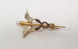 Carlo and Arthur Giuliano gold-coloured metal, pearl and enamel Caduceus brooch having pearl