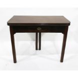 19th century mahogany fold over table, single drawer on reeded square supports