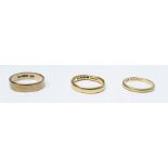 Two 22ct gold wedding rings, 6.9g approx and another 9ct wedding ring, 2.8g (3)