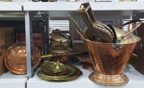 Large quantity of copper and brassware to include kettles, warming pan and coal bucket