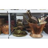 Large quantity of copper and brassware to include kettles, warming pan and coal bucket