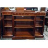 Mahogany and satinwood banded and inlaid breakfront open bookcase, raised on plinth base by 'Brights