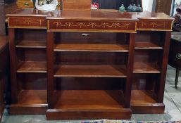 Mahogany and satinwood banded and inlaid breakfront open bookcase, raised on plinth base by 'Brights