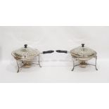 2 large turned wood handled silver plate lidded chafing dishes with burners below ( for your