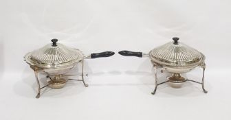 2 large turned wood handled silver plate lidded chafing dishes with burners below ( for your