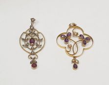 Edwardian 9ct gold, seedpearl and almandine garnet pendant, oval and pierced and another