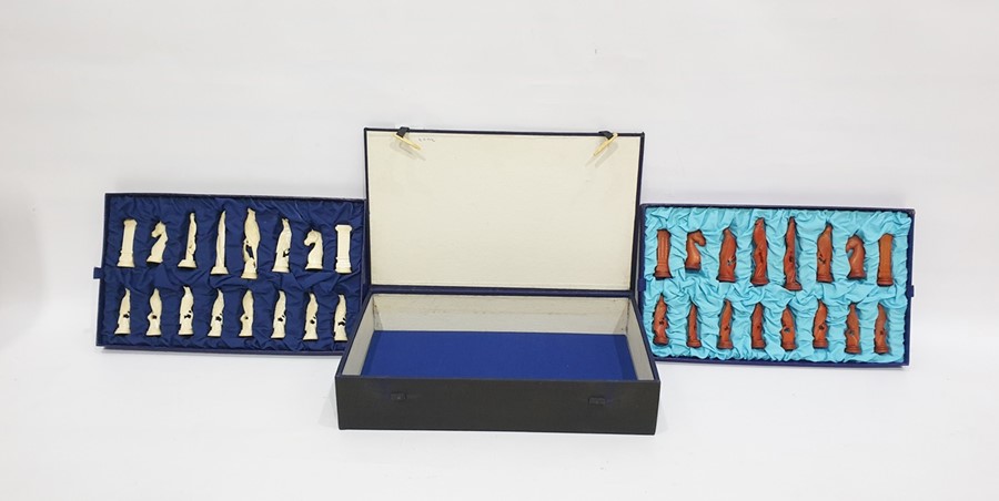Bone chess set, 20th century, carved as exotic birds on branches, classical columns and horses,
