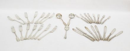 Quantity of silver plate and stainless steel cutlery sets, a serving spoon and two ladles