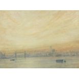 Derek Hare Oil on canvas "Tower Bridge", London skyline with sunrise, signed and dated 1990, 59cm