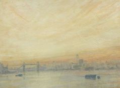 Derek Hare Oil on canvas "Tower Bridge", London skyline with sunrise, signed and dated 1990, 59cm