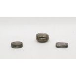 Silver oval vinaigrette, another rectangular, a circular silver pillbox, (3)