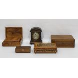 Oak eight-day mantel clock of arched rectangular form, 22cm high and six hinged boxes and covers