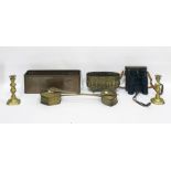 Two brass chestnut roasters, a copper trough, a selection of brassware and a pair of Lieberman &