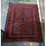 Eastern rug with central stepped diamond shaped medallian on a stepped border, in plum red, midnight