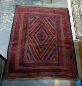 Eastern rug with central stepped diamond shaped medallian on a stepped border, in plum red, midnight