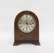 Dent burrwood round arch mantel clock having circular steel dial with Roman numerals, all having