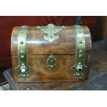 Dome top walnut and brass bound tea caddy inset with agate roundels and a further smaller trinket