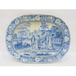 Staffordshire pottery blue and white transfer-printed oval serving dish printed with 'The Beemaster'