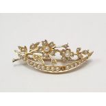 Antique gold and pearl floral spray and crescent brooch (several pearls missing), cased