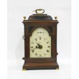 19th century mahogany bracket clock with brass loop handle, raised cushion pediment, the enamel dial