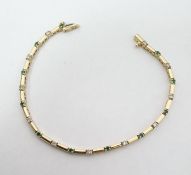 14K gold, emerald and diamond bracelet having rectangular links interspersed with small diamonds and