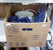 Box of ceramics and glassware to include two 70th anniversary brandy glasses, a chamberpot, a blue