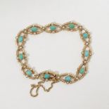 Late Victorian 15ct gold, turquoise and seedpearl bracelet, each oval link set with central oval