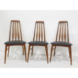A set of six Danish teak slat and back dining chairs by Koefoeds with black vinyl seats, together