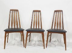 A set of six Danish teak slat and back dining chairs by Koefoeds with black vinyl seats, together