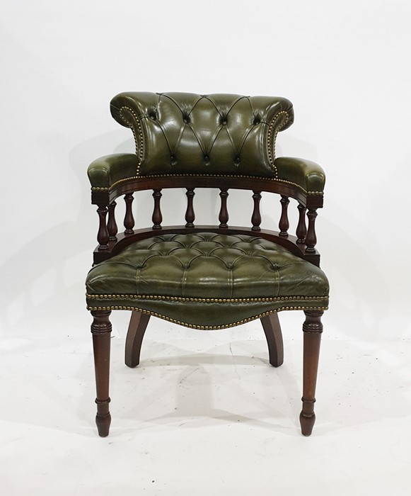 Reproduction green leather button-back office type chair with mahogany frame