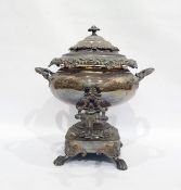 Regency Old Sheffield plate urn and cover of compressed globular two-handled form, cast with