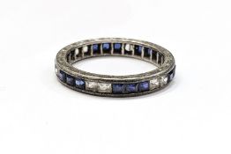 White metal baguette white stone and blue stone full eternity ring set with groups of three square