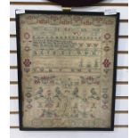 Mid 18th century needlework sampler dated 1747, featuring a verse, birds, flowers in pots, etc, 36cm
