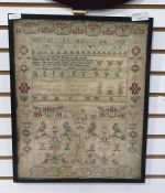 Mid 18th century needlework sampler dated 1747, featuring a verse, birds, flowers in pots, etc, 36cm