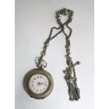 A lady's silver cased fob watch, with foliate engraving, the case marked 935, with rope twist chain